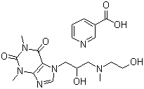 结构式 CAS# 437-74-1, 烟酸占替诺; 尼可占替诺; 7-[2-羟基-3-(2-羟乙基-甲胺基)丙基]-1,3-二甲基-嘌呤-2,6-二酮烟酸盐
