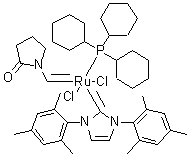 (SP-5-41)-Dichloro[1,3-dihydro-1,3-bis(2,4,6-trimethylphenyl)-2H-imidazol-2-ylidene][(2-oxo-1-pyrrolidinyl)methylene](tricyclohexylphosphine)ruthenium molecular structure (CAS 437757-12-5)