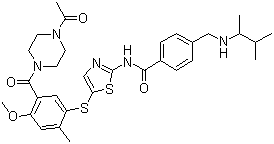 N-(5-((5-(4-Acetylpiperazine-1-carbonyl)-4-methoxy-2-methylphenyl)thio)thiazol-2-yl)-4-(((3-methylbutan-2-yl)amino)methyl)benzamide molecular structure (CAS 439574-61-5)