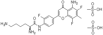 (2S)-2,6-Diamino-N-[4-(5-amino-6,8-difluoro-7-methyl-4-oxo-4H-1-benzopyran-2-yl)-2-fluorophenyl]-hexanamide dimethanesulfonate molecular structure (CAS 468719-53-1)