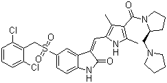 结构式 CAS# 477575-56-7, PHA 665752; (2R)-1-[[5-[(Z)-[5-[[(2,6-二氯苯基)甲基]磺酰]-1,2-二氢-2-氧代-3H-吲哚-3-亚基]甲基]-2,4-二甲基-1H-吡咯-3-基]羰基]-2-(1-吡咯烷甲基)吡咯烷