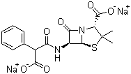 structure of CAS# 4800-94-6, Carbenicillin disodium;Carbenicillin disodium salt; Disodium [2S-(2alpha,5alpha,6beta)]-6-(carboxylatophenylacetamido)-3,3-dimethyl-7-oxo-4-thia-1-azabicyclo[3.2.0]heptane-2-carboxylate