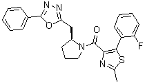 (S)-1-[5-[2-Fluorophenyl]-2-methylthiazol-4-yl]-1-[2-[[5-phenyl-[1,3,4]oxadiazol-2-yl]methyl]pyrrolidin-1-yl]methanone molecular structure (CAS 483313-22-0)