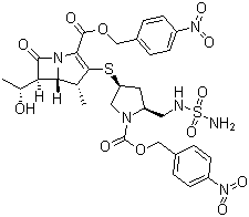 structure of CAS# 491878-07-0, Doripenem Condensation Compound;(4R,5S,6S)-3-[[(3S,5S)-5-[[(Aminosulfonyl)amino]methyl]-1-[[(4-nitrophenyl)methoxy]carbonyl]-3-pyrrolidinyl]thio]-6-[(1R)-1-hydroxyethyl]-4-methyl-7-oxo-1-azabicyclo[3.2.0]hept-2-ene-2-carboxylic acid (4-nitrophenyl)methyl ester