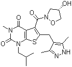 structure of CAS# 496791-37-8, AR-C 155858;(S)-6-[(3,5-Dimethyl-1H-pyrazol-4-yl)methyl]-5-[(4-hydroxyisoxazolidin-2-yl)carbonyl]-1-isobutyl-3-methylthieno[2,3-d]pyrimidine-2,4(1H,3H)-dione