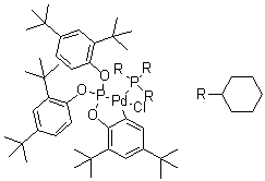 [2-[[Bis[2,4-bis(1,1-dimethylethyl)phenoxy]phosphino]oxy]-3,5-bis(1,1-dimethylethyl)phenyl]chloro(tricyclohexylphosphine)palladium molecular structure (CAS 502964-53-6)