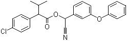 structure of CAS# 51630-58-1, Fenvalerate;Cyano (3-phenoxybenzyl)-2-(4-chlorophenyl)-3-methylbutyrate; 4-Chloro-alpha-(1-methylethyl)benzeneacetic acid cyano(3-phenoxyphenyl)methyl ester; Cyano-(3-phenoxyphenyl)methyl 4-chloro-alpha-(1-methylethyl)benzene acetate; Belmark; Ectrin; Extrin; Fenkill; Phenvalerate; Pydrin; SD 43775; Sumicidin; Sumicide; Sumifly; Sumipower; Sumitox