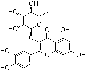 structure of CAS# 522-12-3, Quercitrin;3-[(6-Deoxy-alpha-L-mannopyranosyl)oxy]-2-(3,4-dihydroxyphenyl)-5,7-dihydroxy-4H-benzopyran-4-one