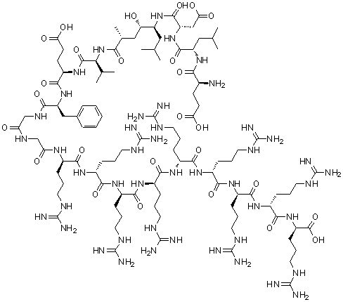 L-alpha-谷氨酰-L-亮氨酰-L-alpha-天冬氨酰-(2R,4S,5S)-5-氨基-4-羟基-2,7-二甲基辛酰基-L-缬氨酰-L-alpha-谷氨酰-L-苯基丙氨酰甘氨酰甘氨酰-D-精氨酰-D-精氨酰-D-精氨酰-D-精氨酰-D-精氨酰-D-精氨酰-D-精氨酰-D-精氨酰-D-精氨酸分子结构 (CAS 527674-72-2)