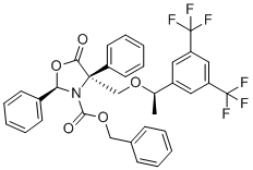Benzyl (2R,4S)-4-(((R)-1-(3,5-bis(trifluoromethyl)phenyl)ethoxy)methyl)-5-oxo-2,4-diphenyloxazolidine-3-carboxylate molecular structure (CAS 530441-36-2)
