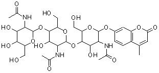 structure of CAS# 53643-13-3, 4-Methylumbelliferyl N,N',N''-triacetyl-beta-chitotrioside;7-[[O-2-(Acetylamino)-2-deoxy-beta-D-glucopyranosyl-(1→4)-O-2-(acetylamino)-2-deoxy-beta-D-glucopyranosyl-(1→4)-2-(acetylamino)-2-deoxy-beta-D-glucopyranosyl]oxy]-4-methyl-2H-1-benzopyran-2-one