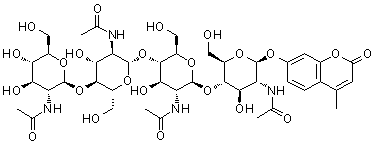 7-[[O-2-(乙酰氨基)-2-脱氧-beta-D-吡喃葡萄糖基-(1→4)-O-2-(乙酰氨基)-2-脱氧-beta-D-吡喃葡萄糖基-(1→4)-O-2-(乙酰氨基)-2-脱氧-beta-D-吡喃葡萄糖基-(1→4)-2-(乙酰氨基)-2-脱氧-beta-D-吡喃葡萄糖基]氧基]-4-甲基-2H-1-苯并吡喃-2-酮分子结构 (CAS 53643-14-4)