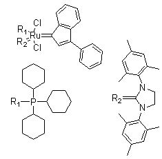 [1,3-双(2,4,6-三甲基苯基)-2-咪唑烷亚基](3-苯基-1H-茚-1-亚基)(三环己基膦)二氯化钌(II)分子结构 (CAS 536724-67-1)