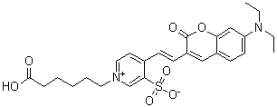 structure of CAS# 540528-09-4, DY 520XL;1-(5-Carboxypentyl)-4-[(E)-2-(7-diethylamino-2-oxo-2H-chromen-3-yl)vinyl]-3-sulfonatopyridinium betaine; 1-(5-Carboxypentyl)-4-[(1E)-2-[7-(diethylamino)-2-oxo-2H-1-benzopyran-3-yl]ethenyl]-3-sulfopyridinium inner salt