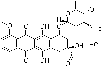 (8S-cis)-8-Acetyl-10-[(3-amino-2,3,6-trideoxy-alpha-L-arabino-hexopyranosyl)oxy]-7,8,9,10-tetrahydro-6,8,11-trihydroxy-1-methoxynaphthacene-5,12-dione hydrochloride molecular structure (CAS 56390-08-0)