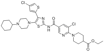 Ethyl 1-(3-chloro-5-((4-(4-chlorothiophen-2-yl)-5-(4-cyclohexylpiperazin-1-yl)thiazol-2-yl)carbamoyl)pyridin-2-yl)piperidine-4-carboxylate molecular structure (CAS 570403-14-4)