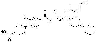 1-[3-Chloro-5-[[[4-(4-chloro-2-thienyl)-5-(4-cyclohexyl-1-piperazinyl)-2-thiazolyl]amino]carbonyl]-2-pyridinyl]-4-piperidinecarboxylic acid molecular structure (CAS 570406-98-3)