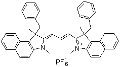 structure of CAS# 581092-53-7, Optical Dye DCY02;2-[3-[1,3-Dihydro-1,3-dimethyl-1-(phenylmethyl)-2H-benz[e]indol-2-ylidene]-1-propenyl]-1,3-dimethyl-1-(phenylmethyl)-1H-benz[e]indolium hexafluorophosphate(1-)