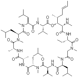 structure of CAS# 59865-16-6, Isocyclosporin A;[2S-(2R*,3S*,4S*,6E)]-N-[3-Hydroxy-4-methyl-2-(methylamino)-1-oxo-6-octenyl]-L-alpha-aminobutyryl-N-methylglycyl-N-methyl-L-leucyl-L-valyl-N-methyl-L-leucyl-L-alanyl-D-alanyl-N-methyl-L-leucyl-N-methyl-L-leucyl-N-methyl-L-valine theta1-lactone