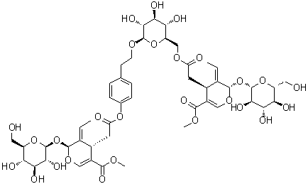 (2S,3E,4S)-3-Ethylidene-2-(beta-D-glucopyranosyloxy)-3,4-dihydro-5-(methoxycarbonyl)-2H-pyran-4-acetic acid 4-[2-[[6-O-[[(2S,3E,4S)-3-ethylidene-2-(beta-D-glucopyranosyloxy)-3,4-dihydro-5-(methoxycarbonyl)-2H-pyran-4-yl]acetyl]-beta-D-glucopyranosyl]oxy]ethyl]phenyl ester molecular structure (CAS 60037-39-0)