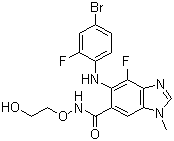 structure of CAS# 606143-89-9, ARRY-438162;5-[(4-Bromo-2-fluorophenyl)amino]-4-fluoro-N-(2-hydroxyethoxy)-1-methyl-1H-benzimidazole-6-carboxamide