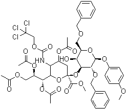4-Methoxyphenyl 2,6-bis-O-(phenylmethyl)-3-O-[4,7,8,9-tetra-O-acetyl-1-methyl-N-[(2,2,2-trichloroethoxy)carbonyl]-alpha-neuraminosyl]-beta-D-galactopyranoside molecular structure (CAS 610763-72-9)