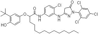 结构式 CAS# 61354-99-2, N-[4-氯-3-[[4,5-二氢-5-氧代-1-(2,4,6-三氯苯基-1H-吡唑-3-基)氨基]苯基]-2-[3-叔丁基-4-羟基苯氧基]十四烷酰胺