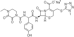 结构式 CAS# 62893-20-3, 头孢哌酮钠; 7-[[(4-乙基-2,3-二氧代-1-哌嗪基)甲酰氨基](4-羟基苯基)乙酰氨基]-3-[(1-甲基-1H-四唑-5-基)硫甲基]-8-氧代-5-硫-1-氮杂双环[4.2.0]辛-2-烯-2-甲酸钠盐
