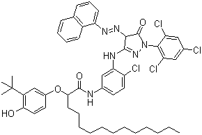 2-(3-tert-Butyl-4-hydroxyphenoxy)-N-(4-chloro-3-((4,5-dihydro-4-(1-naphthylazo)-5-oxo-1-(2,4,6-trichlorophenyl)-1H-pyrazol-3-yl)amino)phenyl)myristamide molecular structure (CAS 63089-83-8)
