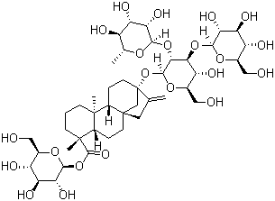 structure of CAS# 63550-99-2, Rebaudioside C;Dulcoside B; (4alpha)-13-[(O-6-deoxy-alpha-L-mannopyranosyl-(1-2)-O-[beta-D-glucopyranosyl-(1-3)]-beta-D-glucopyranosyl)oxy]kaur-16-en-18-oic acid beta-D-glucopyranosyl ester