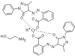 2-Aminoethanol bis[2-[(4,5-dihydro-3-methyl-5-oxo-1-phenyl-1H-pyrazol-4-yl)azo]benzoato(2-)]chromate(1-) molecular structure (CAS 63872-05-9)