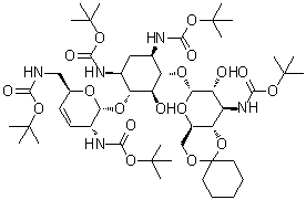 O-4,6-O-Cyclohexylidene-3-deoxy-3-[[(1,1-dimethylethoxy)carbonyl]amino]-alpha-D-glucopyranosyl-(1→6)-O-[2,3,4,6-tetradeoxy-2,6-bis[[(1,1-dimethylethoxy)carbonyl]amino]-alpha-D-erythro-hex-3-enopyranosyl-(1→4)]-2-deoxy-N1,N3-bis[(1,1-dimethylethoxy)carbonyl]-D-streptamine molecular structure (CAS 64271-33-6)