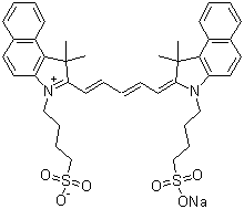 2-[5-[1,1-二甲基-3-(4-磺酸基丁基)-1,3-二氢苯并[e]吲哚-2-亚基]-戊-1,3-二烯基]-1,1-二甲基-3-(4-磺酸基丁基)-1H-苯并[e]吲哚鎓内盐钠盐分子结构 (CAS 64285-36-5)