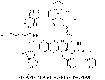 L-Tyrosyl-L-cysteinyl-L-phenylalanyl-L-alanyl-L-tryptophyl-L-lysyl-L-threonyl-L-phenylalanyl-L-cysteine cyclic (2→9)-disulfide molecular structure (CAS 647016-22-6)