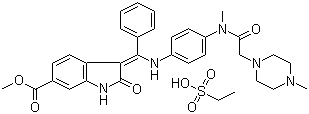 structure of CAS# 656247-18-6, Nintedanib Esylate;(3Z)-2,3-Dihydro-3-[[[4-[methyl[2-(4-methyl-1-piperazinyl)acetyl]amino]phenyl]amino]phenylmethylene]-2-oxo-1H-indole-6-carboxylic acid methyl ester ethanesulfonate