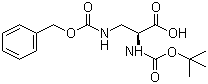 structure of CAS# 65710-57-8, (S)-2-[(tert-Butoxycarbonyl)amino]-3-(benzyloxycarbonylamino)propionic acid;N-[(tert-Butoxy)carbonyl]-3-[[(phenylmethoxy)carbonyl]amino]-L-alanine; Boc-Dap(Cbz)-OH