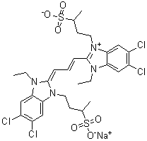 5,6-Dichloro-2-[3-[5,6-dichloro-1-ethyl-1,3-dihydro-3-(3-sulfobutyl)-2H-benzimidazol-2-ylidene]-1-propenyl]-1-ethyl-3-(3-sulfobutyl)-1H-benzimidazolium inner salt sodium salt molecular structure (CAS 66138-06-5)