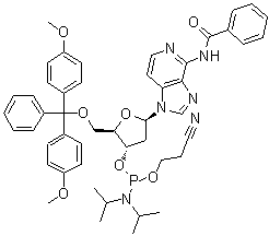N-[1-[5-O-[Bis(4-methoxyphenyl)phenylmethyl]-3-O-[[bis(1-methylethyl)amino](2-cyanoethoxy)phosphino]-2-deoxy-beta-D-erythro-pentofuranosyl]-1H-imidazo[4,5-c]pyridin-4-yl]benzamide molecular structure (CAS 666257-76-7)