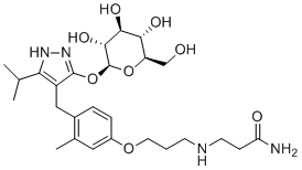 3-(3-{4-[3-(beta-D-glucopyranosyloxy)-5-isopropyl-1Hpyrazol-4-ylmethyl]-3-methylphenoxy}propylamino)propionamide molecular structure (CAS 666842-36-0)