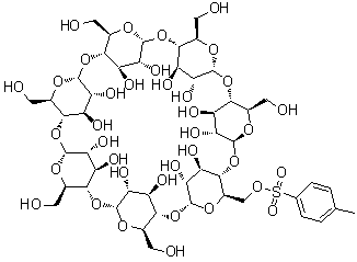 structure of CAS# 67217-55-4, beta-Cyclodextrin 6-tosylate;Mono-6-(p-tolylsulfonyl)-beta-cyclodextrin; Mono-6-(p-tosyl)-beta-cyclodextrin; Mono-6-O-tosyl-beta-cyclodextrin; Mono-6-deoxy-6-(p-tolylsulfonyl)-beta-cyclodextrin; Mono-6-p-toluenesulfonyl-beta-cyclodextrin; Mono-deoxy-6-(p-tolylsulfonyl)-beta-cyclodextrin; Mono[6-O-(p-toluenesulfonyl)]-beta-cyclodextrin; beta-Cyclodextrin 6-monotosylate
