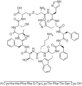 L-半胱氨酰-L-组氨酰-L-组氨酰-L-苯丙氨酰-L-苯丙氨酰-D-色氨酰-L-赖氨酰-L-苏氨酰-L-苯丙氨酰-L-苏氨酰-L-丝氨酰-L-半胱氨酸环(1→12)-二硫醚分子结构 (CAS 68463-41-2)