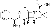 结构式 CAS# 69-53-4, 氨苄西林; 氨苄青霉素; (2S,5R,6R)-3,3-二甲基-6-[(R)-2-氨基-2-苯乙酰氨基]-7-氧代-4-硫杂-1-氮杂双环[3.2.0]庚烷-2-甲酸