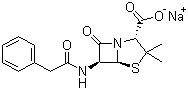 structure of CAS# 69-57-8, Penicillin G sodium salt;Sodium [2S-(2alpha,5alpha,6beta)]-3,3-dimethyl-7-oxo-6-(phenylacetamido)-4-thia-1-azabicyclo[3.2.0]heptane-2-carboxylate; 3,3-Dimethyl-7-oxo-6-(2-phenyl-acetamido)-4-thia-1-azabicyclo[3.2.0]heptane-2-carboxylic acid monosodium salt; Benzylpenicillin sodium salt