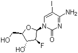 structure of CAS# 69123-90-6, Fiacitabine;4-Amino-1-[(2R,3S,4R,5R)-3-fluoro-4-hydroxy-5-(hydroxymethyl)oxolan-2-yl]-5-iodopyrimidin-2-one
