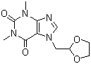 结构式 CAS# 69975-86-6, 多索茶碱; 1,3-二甲基-7-(1,3-二氧环戊基-2-基)甲基-3,7-二氢-1H-嘌呤-2,6-二酮