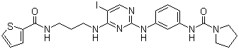 structure of CAS# 702675-74-9, N-[3-[[5-Iodo-4-[[3-[(2-thienylcarbonyl)amino]propyl]amino]-2-pyrimidinyl]amino]phenyl]-1-pyrrolidinecarboxamide