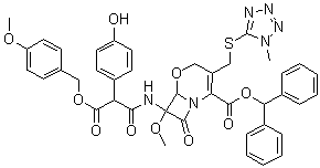 7-[[2-(4-Hydroxyphenyl)-3-[(4-methoxyphenyl)methoxy]-1,3-dioxopropyl]amino]-7-methoxy-3-[[(1-methyl-1H-tetrazol-5-yl)thio]methyl]-8-oxo-5-oxa-1-azabicyclo[4.2.0]oct-2-ene-2-carboxylic acid diphenylmethyl ester molecular structure (CAS 70653-54-2)