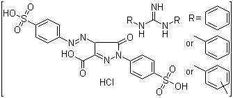 4,5-Dihydro-5-oxo-1-(4-sulfophenyl)-4-[2-(4-sulfophenyl)diazenyl]-1H-pyrazole-3-carboxylic acid reaction products with guanidine hydrochloride N,N'-bis(mixed Ph, tolyl and xylyl) derivs molecular structure (CAS 71077-14-0)