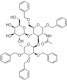 苄基 O-6-脱氧-2,3,4-三-O-(苯基甲基)-alpha-L-吡喃半乳糖基-(1→3)-O-[beta-D-吡喃半乳糖基-(1→4)]-2-(乙酰氨基)-2-脱氧-6-O-(苯基甲基)-alpha-D-吡喃葡萄糖苷分子结构 (CAS 71208-05-4)