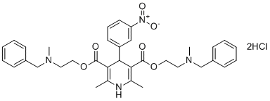 structure of CAS# 71784-27-5, Nicardipine USP Related Compound D;Bis(2-(benzyl(methyl)amino)ethyl) 2,6-dimethyl-4-(3-nitrophenyl)-1,4-dihydropyridine-3,5-dicarboxylate Dihydrochloride
